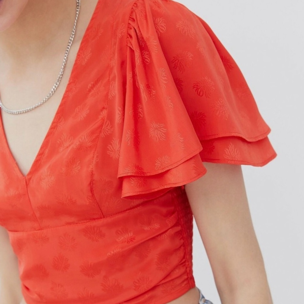 Urban Outfitters Red Webster Jacquard Flutter Sleeve Crop Top S